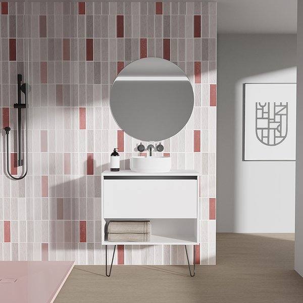 Conjunto mueble de baño con lavabo sobre encimera y tapa Yoko con patas 1 cajón más un hueco en blanco brillo de Amizuva. Espejo Miku