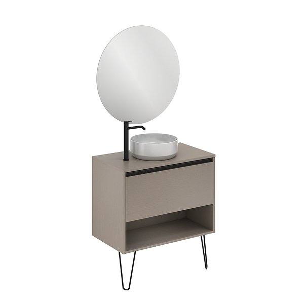 Conjunto mueble de baño con lavabo sobre encimera y tapa Yoko con patas 1 cajón más un hueco en fumé arenado de Amizuva. Espejo Miku