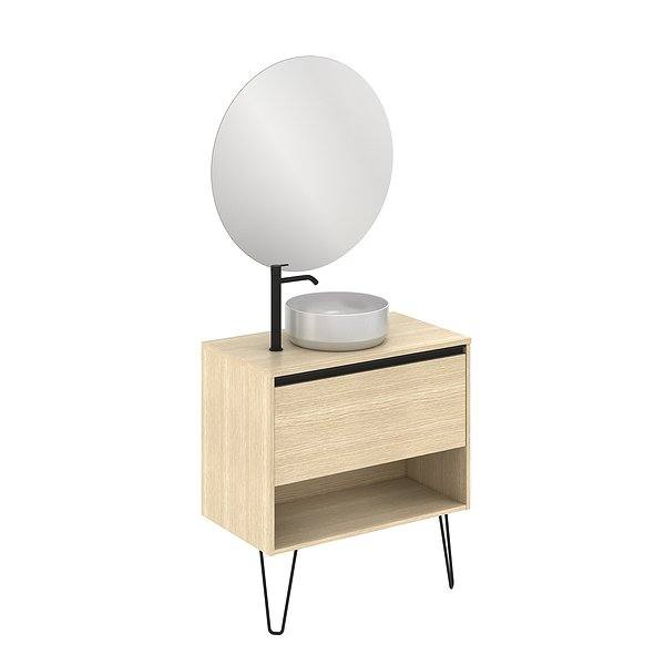 Conjunto mueble de baño con lavabo sobre encimera y tapa Yoko con patas 1 cajón más un hueco en roble arenado de Amizuva. Espejo Miku