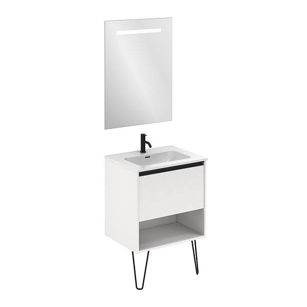 Conjunto mueble de baño con lavabo Yoko con patas 1 cajón más un hueco en blanco brillo de Amizuva. Espejo Nomi