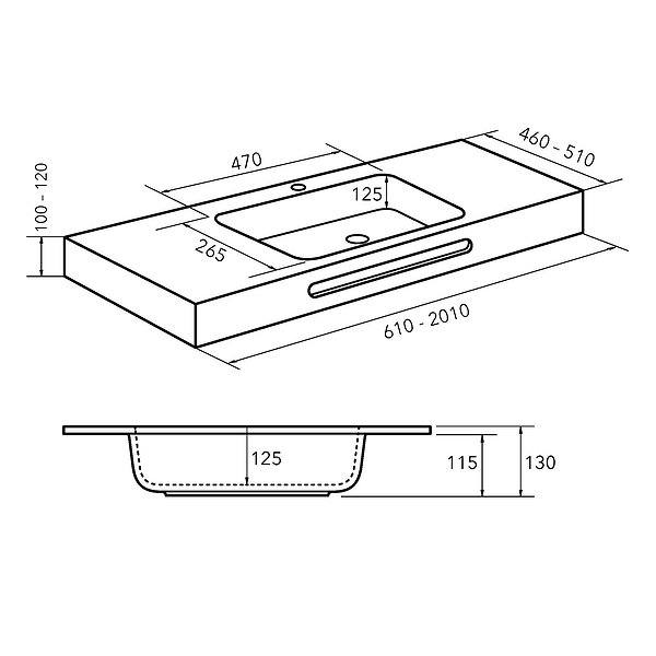 Medidas del lavabo encastrado Solid Surface SENO CENTRADO Illice sin faldón (seno de 47x26.5 cm)