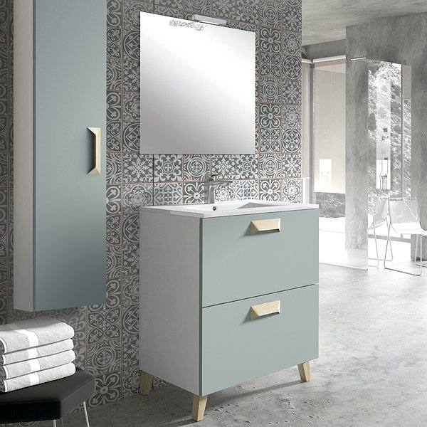 Conjunto Mueble de baño con patas  Alberta de Inve  2 cajones lateral blanco frontal aguamarina + lavabo cerámica Onix 1 seno + espejo Sidney + aplique nº12-17 + Columna Alberta