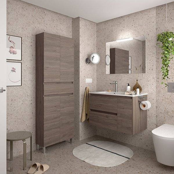 Conjunto mueble de baño Roble Eternity noja suspendido 2 cajones + 1 puerta a der de Salgar. Lavabo Iberia con espejo y aplique. Columna Infinity