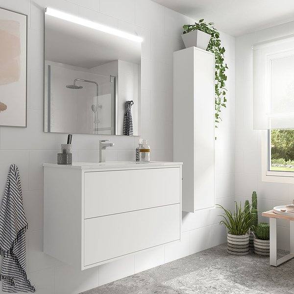 Conjunto mueble de baño Optimus suspendido 2 cajones blanco mate de Salgar. Lavabo constanza y espejo con aplique. Columna optimus.