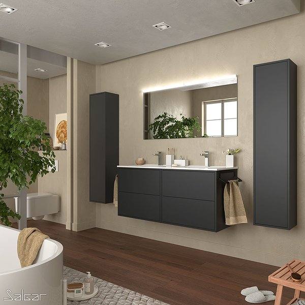 Conjunto mueble de baño Optimus suspendido negro mate 4 cajones 120 cm de Salgar. 2 Columnas olimpues, espejo de 120 cm y lavabo doble poza de porcelana