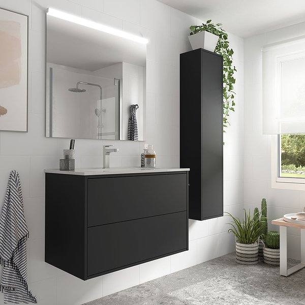 Conjunto mueble de baño Optimus suspendido 2 cajones negro mate de Salgar. Lavabo constanza y espejo con aplique.Columna optimus.