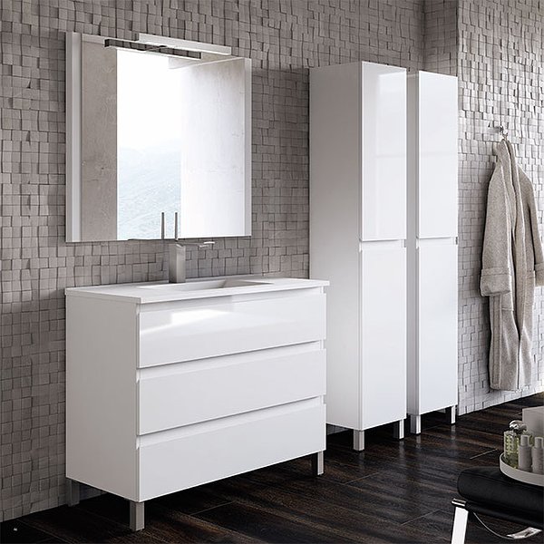 Mueble de baño Aqua 3 cajones con patas  100 cm color blanco brillo + Lavabo cerámica Extraplano 100 cm + Espejo Aqua 100 cm blanco brillo + Columnas 120 cm con patas Campoaras