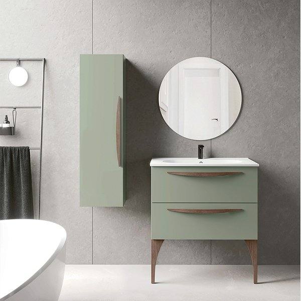 Conjunto mueble de baño Arco 2 cajones acabado musgo con patas y tiradores nogal americano + Lavabo cerámica + Espejo Viso Bath