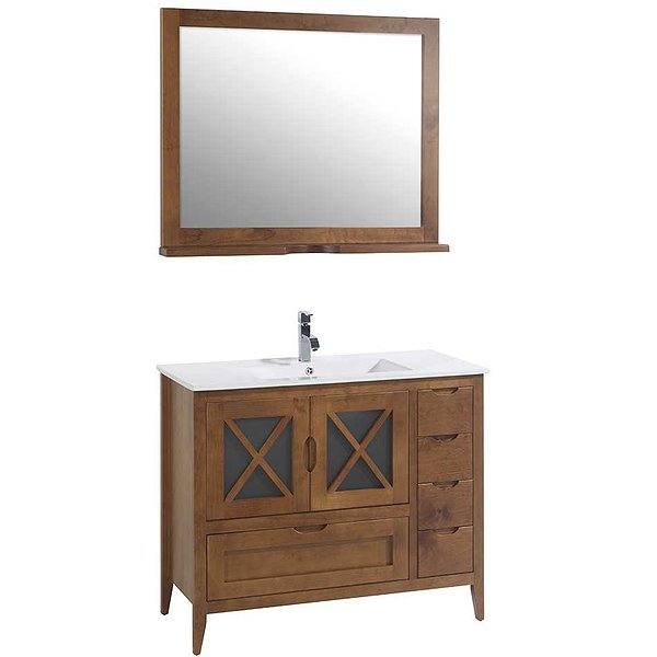 Conjunto mueble de baño + lavabo cerámica Avila de Bruntec Nogal 100 cm 2 puertas y 5 cajones + espejo con repisa