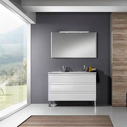 Mueble de baño Solco suspendido 3 cajones blanco brillo 120 cm + Lavabo Kubic + Espejo Liso Valenzuela
