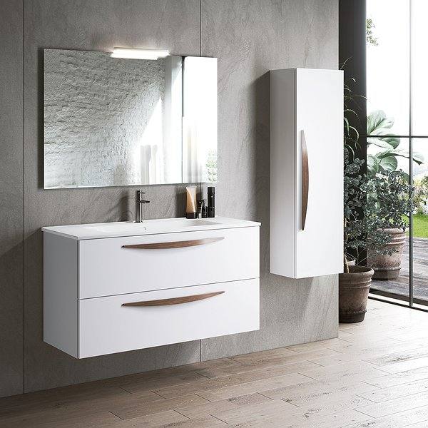 Conjunto mueble de baño Arco suspendido 2 cajones blanco mate + Lavabo Flat cerámica + Espejo Sevilla + Columna de baño de Visobath