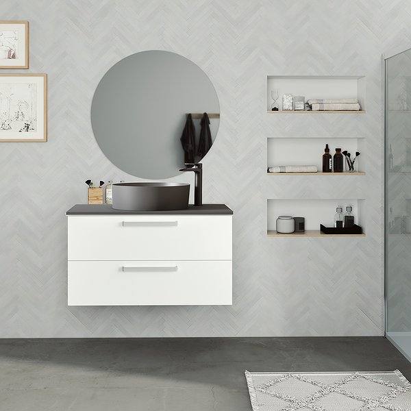 Mueble de baño Bondi suspendido 2 cajones en blanco ada Visobath. Espejo Liss y lavabo colors con tapa de cargas minerales ceniza . Tirador en negro.