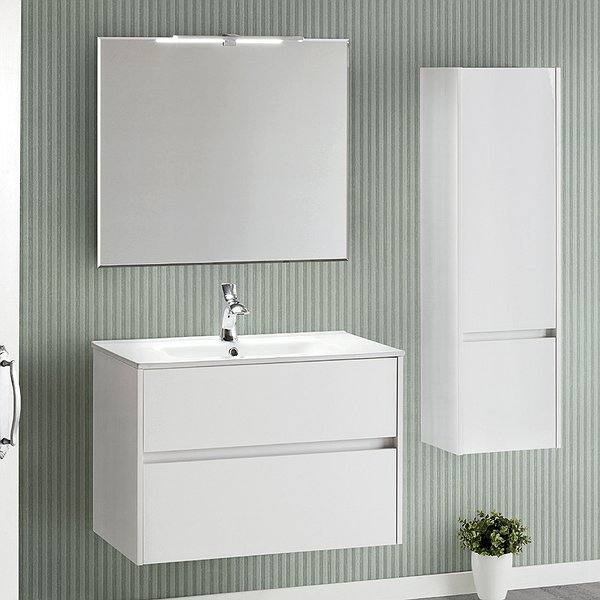 Conjunto mueble de baño Deco Line suspendido con lavabo encastrado Sanchís. Espejo biselado y columna. Color blanco brillo.