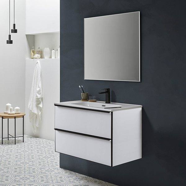 Conjunto mueble de baño Metal Line suspendido acabado blanco brillo 2 cajones + Lavabo encastrado + Espejo Biselado + Columna de baño 2 puertas 120 x 30 x 27 cm de Sanchís