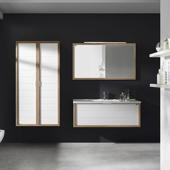 Mueble de baño Tino 120 cm roble / blanco 1 cajón + cajón integrado + Lavabo Kubic + Espejo Marco Liso + 2 Columnas de baño Tino Valenzuela