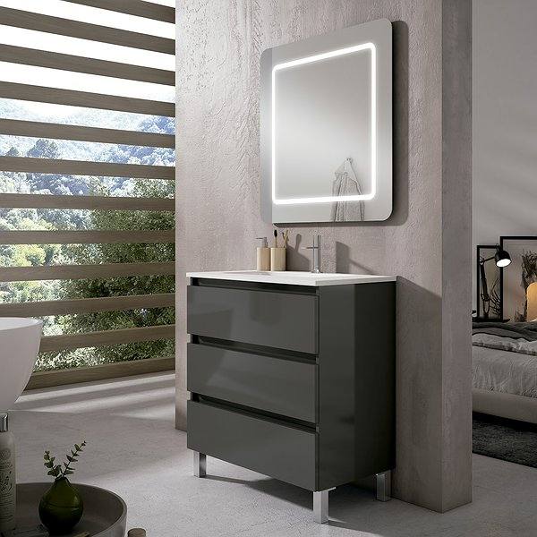 Mueble de baño Box con patas de 3 cajones 80 cm acabado gris oscuro brillo de Viso Bath. Lavabo Slim y espejo Frame