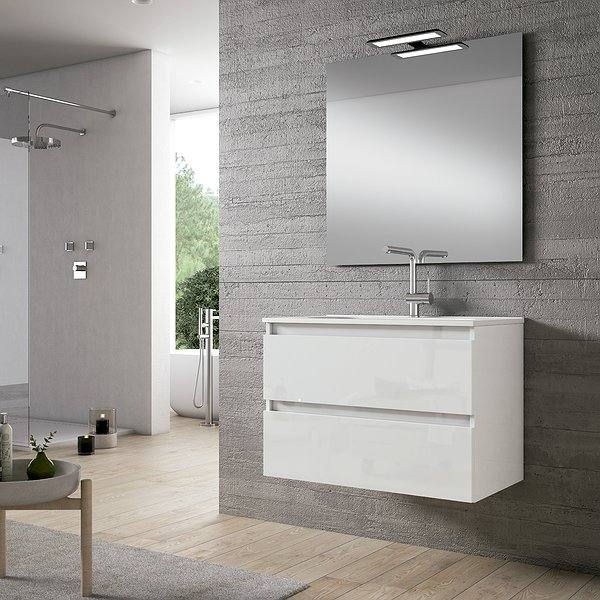 Mueble de baño Box 2 cajones acabado nieve brillo + Lavabo Flat + Espejo Sevilla de Viso Bath