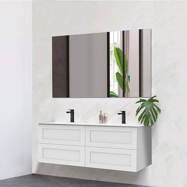 Mueble de baño Cairo suspendido 4 cajones de Bruntec. Color blanco mate, lavabo bogotá doble seno y espejo Nadia