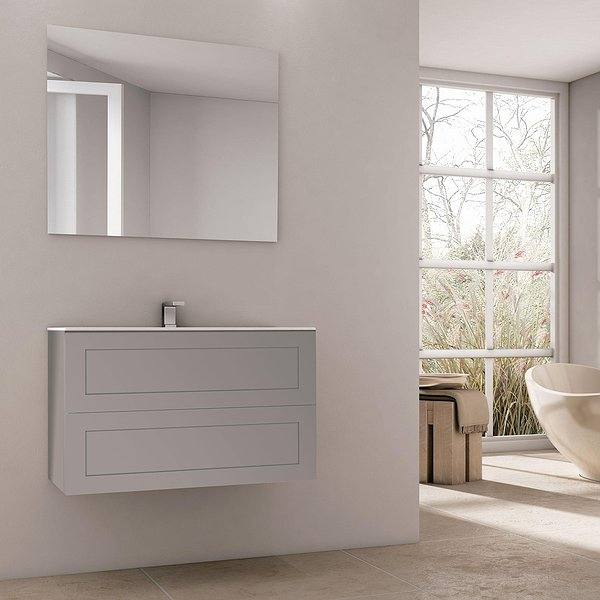 Mueble de baño Cairo suspendido 2 cajones de Bruntec. Color gris mate, lavabo bogotá y espejo Nadia