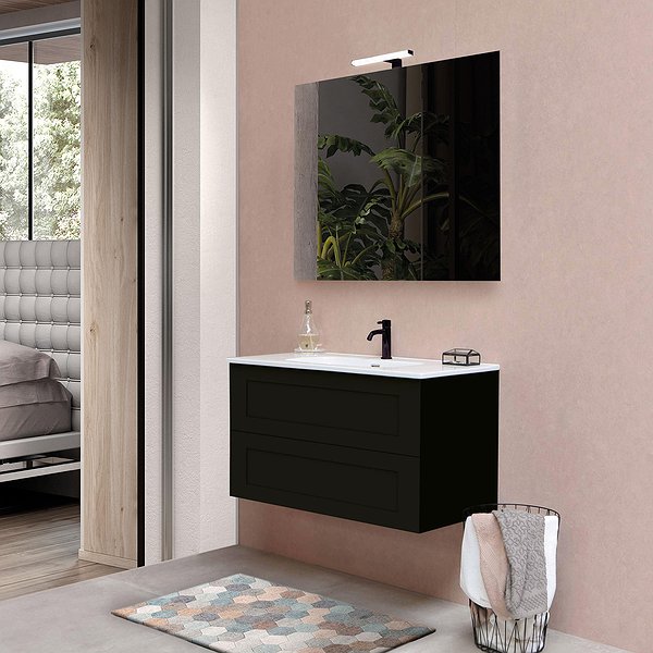 Mueble de baño Cairo suspendido 2 cajones de Bruntec. Color negro mate, lavabo bogotá y espejo Nadia