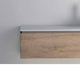 Cajonera de baño Sigma con tapa Solid Surface de Coycama. Color roble natural