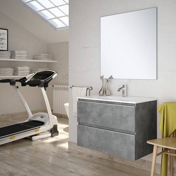 Conjunto mueble de baño Dundee suspendido 2 cajones Bruntec. Acabado cemento, lavabo eco y espejo luna
