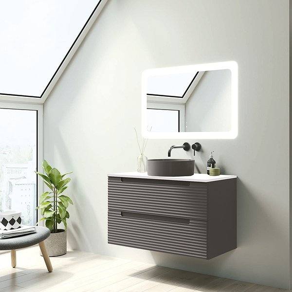 Mueble de baño Kyoto suspendido 2 cajones con tapa de cargas minerales  Visobath.Lavabo Colors, espejo Paris. Ceniza mate