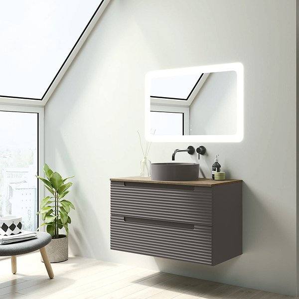 Mueble de baño Kyoto suspendido 2 cajones con tapa hidrófuga niágara Visobath.Lavabo Colors, espejo Paris. Ceniza mate