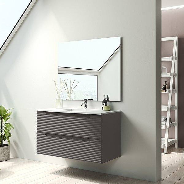 Mueble de baño Kyoto suspendido 2 cajones Visobath.Lavabo Ada, espejo sevilla. Ceniza mate.