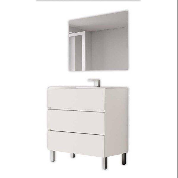 Conjunto mueble de baño Centella con patas 3 cajones 80 cm de Bruntec + Lavabo Bogotá + Espejo. Color del mueble en blanco