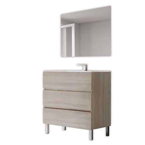 Conjunto mueble de baño Centella con patas 3 cajones 80 cm de Bruntec + Lavabo Bogotá + Espejo. Color del mueble en Cambrian