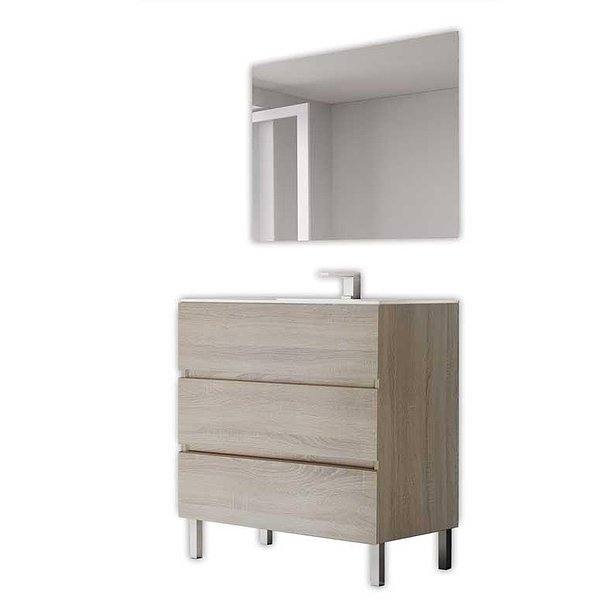 Conjunto mueble de baño Centella con patas 3 cajones 80 cm de Bruntec + Lavabo Bogotá + Espejo. Color del mueble en Cambrian