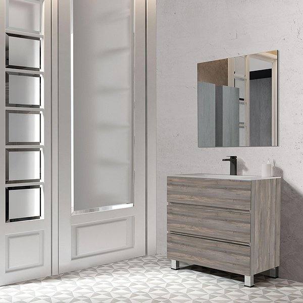 Conjunto mueble de baño Centella con patas 3 cajones 80 cm de Bruntec + Lavabo Bogotá + Espejo. Color del mueble en ceniza