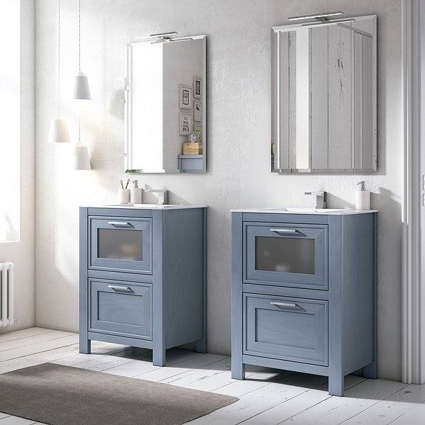 Doble Mueble de baño Trento color cobalto, con lavabo cerámica Flat, espejo pando, aplique Next