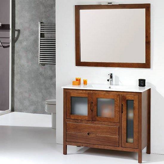 Conjunto mueble + lavabo cerámica 1 poza + espejo de baño Bruselas 100cm de Bruntec Nogal