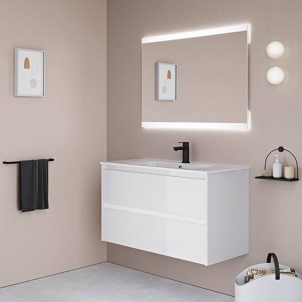Conjunto mueble de baño Alfa suspendido blanco brillo 2 cajones + Lavabo cerámica Slim + Espejo Due + Toallero Sumi de Royo Group