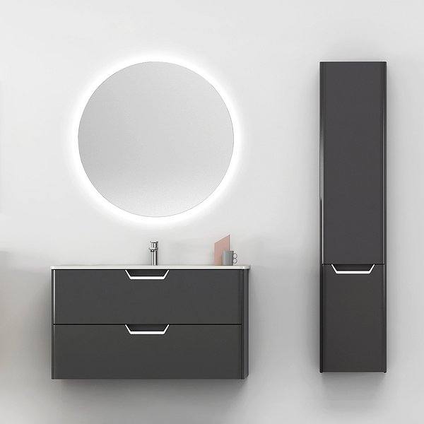 Mueble de baño Life suspendido 2 cajones, lavabo Beauty, espejo Lua y columna Life de Royo. Color Antracita brillo