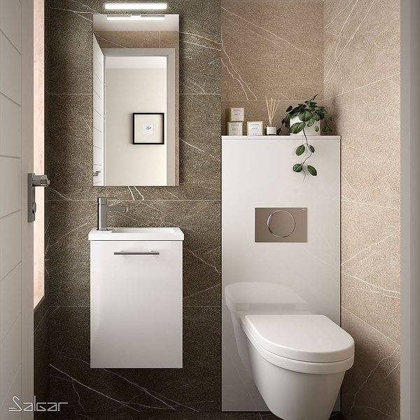 Conjunto mueble de baño fondo reducido 25 cm Micro blanco brillo suspendido 1 puerta 40 cm de Salgar. Espejo y aplique