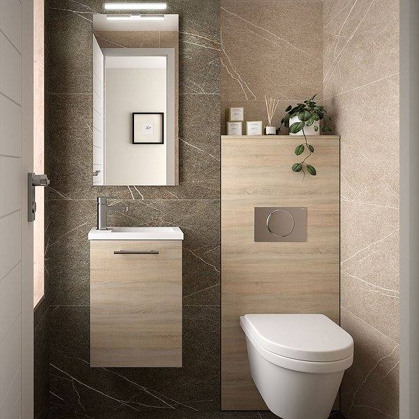Conjunto mueble de baño fondo reducido 25 cm Micro Roble Caledonia suspendido 1 puerta 40 cm de Salgar. Espejo y aplique.