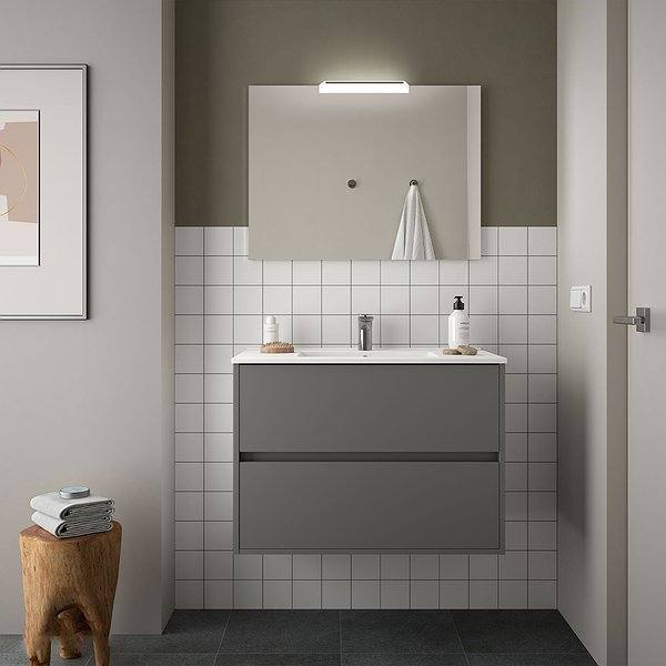 Conjunto mueble de baño Gris mate noja suspendido 2 cajones de Salgar. Lavabo Iberia con espejo y aplique
