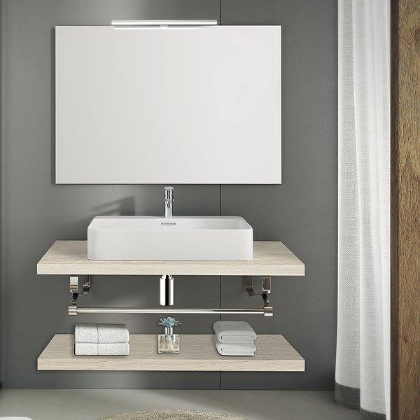 Conjunto encimera de baño Dima 2 encimeras acabado Olmo Silver + Juego soporte acero + 2 juegos soporte ángulo + Sifón decorativo + Lavabo Amatista cerámica blanco sobre encimera + Espejo Sidney Inve