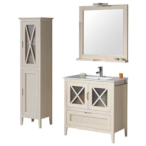 Conjunto mueble de Baño + lavabo cerámica+ espejo  Ávila de Bruntec 2 puertas y 1 cajón  Hueso