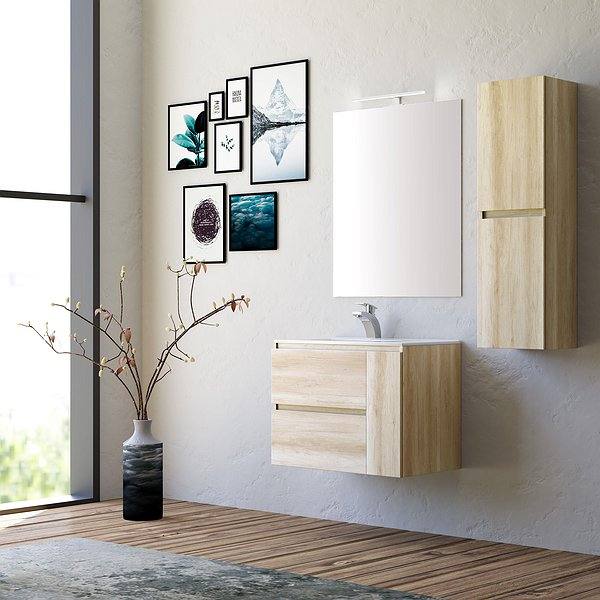 Conjunto mueble de baño Kloe suspendido 2 cajones 1 puerta acabado Monument + Lavabo cerámica Extraplano + Espejo Luna
