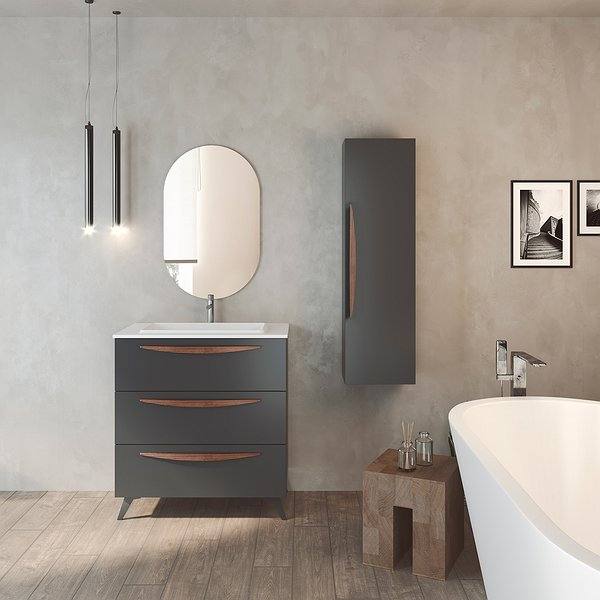 Conjunto mueble de baño Arco con patas 3 cajones gris ceniza + Lavabo cerámica Flat + Espejo