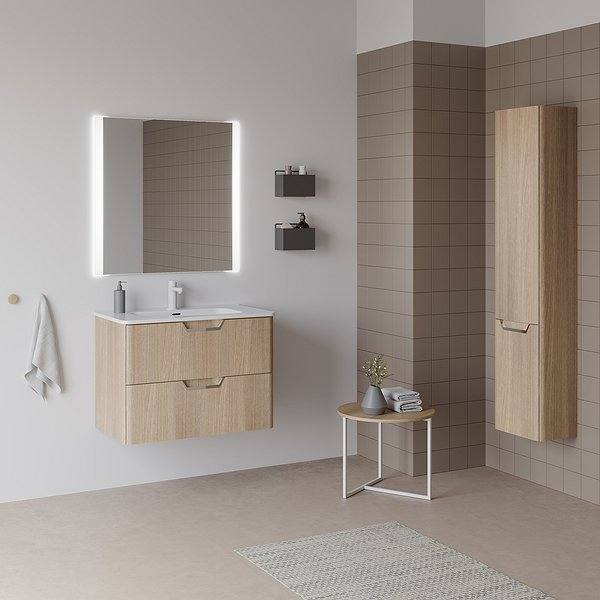 Conjunto Mueble de baño Life suspendido 2 cajones, lavabo Beauty, espejo Due y columna Life de Royo. Color Roble Nórdico