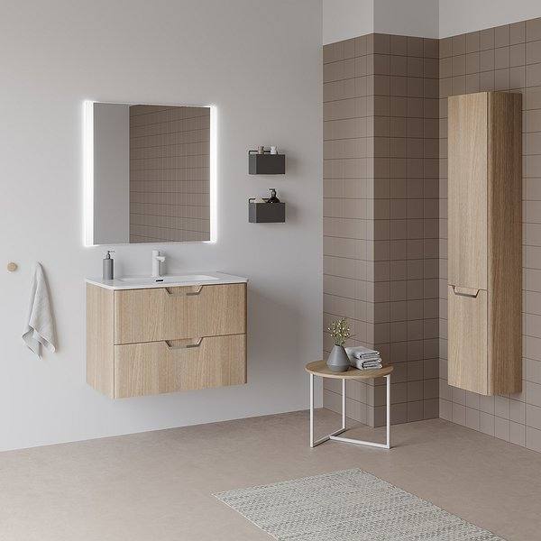 Mueble de baño Life suspendido 2 cajones, lavabo Beauty, espejo Due y columna Life de Royo. Color Roble Nórdico