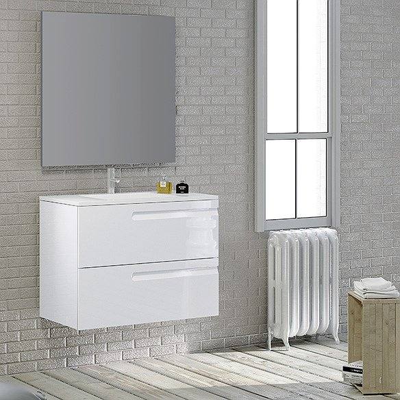 Mueble de baño Zeus 2 cajones lacado blanco brillo + Espejo Recto + Lavabo Extraplano cerámica Campoaras
