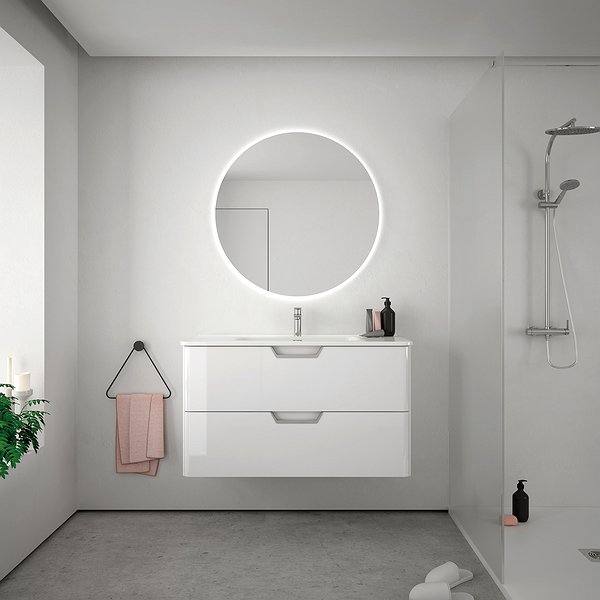 Mueble de baño Life suspendido 2 cajones, lavabo Beauty, espejo Murano con aplique Lucce de Royo. Color Blanco Brillo
