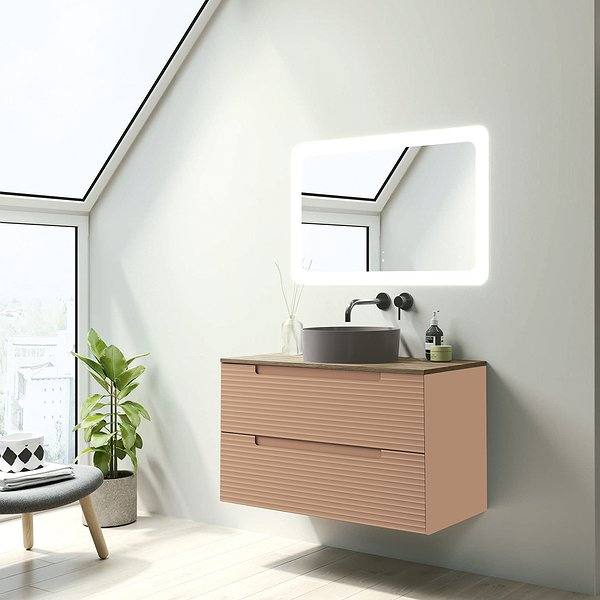 Mueble de baño Kyoto suspendido 2 cajones con tapa hidrófuga niágara Visobath.Lavabo Colors, espejo Paris. Coral mate