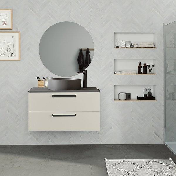 Mueble de baño Bondi suspendido 2 cajones en Cotton Visobath. Espejo Liss y lavabo colors con tapa de cargas minerales ceniza . Tirador en negro.